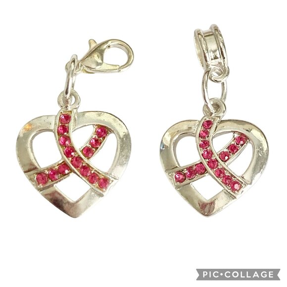 Pink Ribbon European Slider Clip On Charm For Bracelet Bag Purse Crystal Heart - Picture 1 of 11